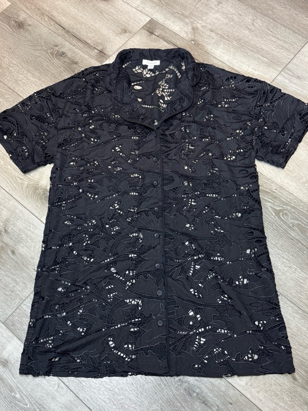 Topshop Black Lace Cutout Shirt Dress - Short Sleeve Button Down Mini - Size 10